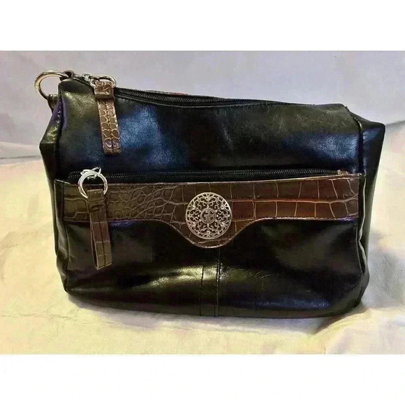 GIANI BERNINI Black Leather w/Brown Alligator Classic Style Shoulder Shopper Bag - Picture 2 of 8